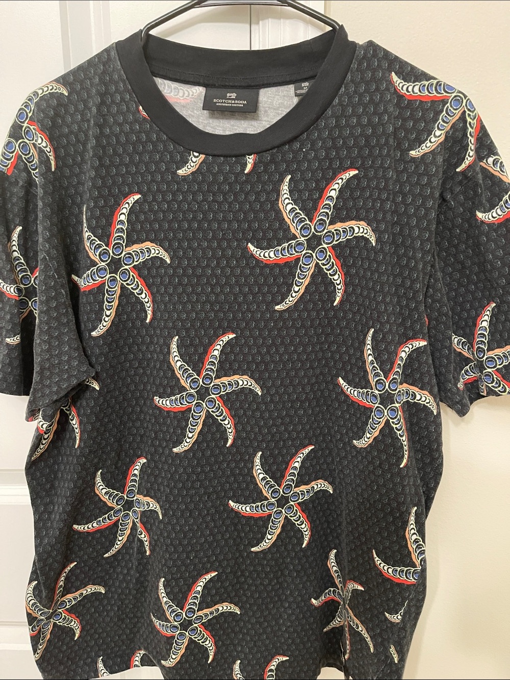 Scotch & Soda Black Starfish Pattern Short Sleeve Tee with Blue & Red Accents